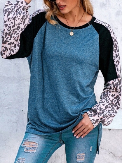 Camiseta Holgada Informal Con Cuello Redondo Y Manga Raglán De Leopardo Para Mujer