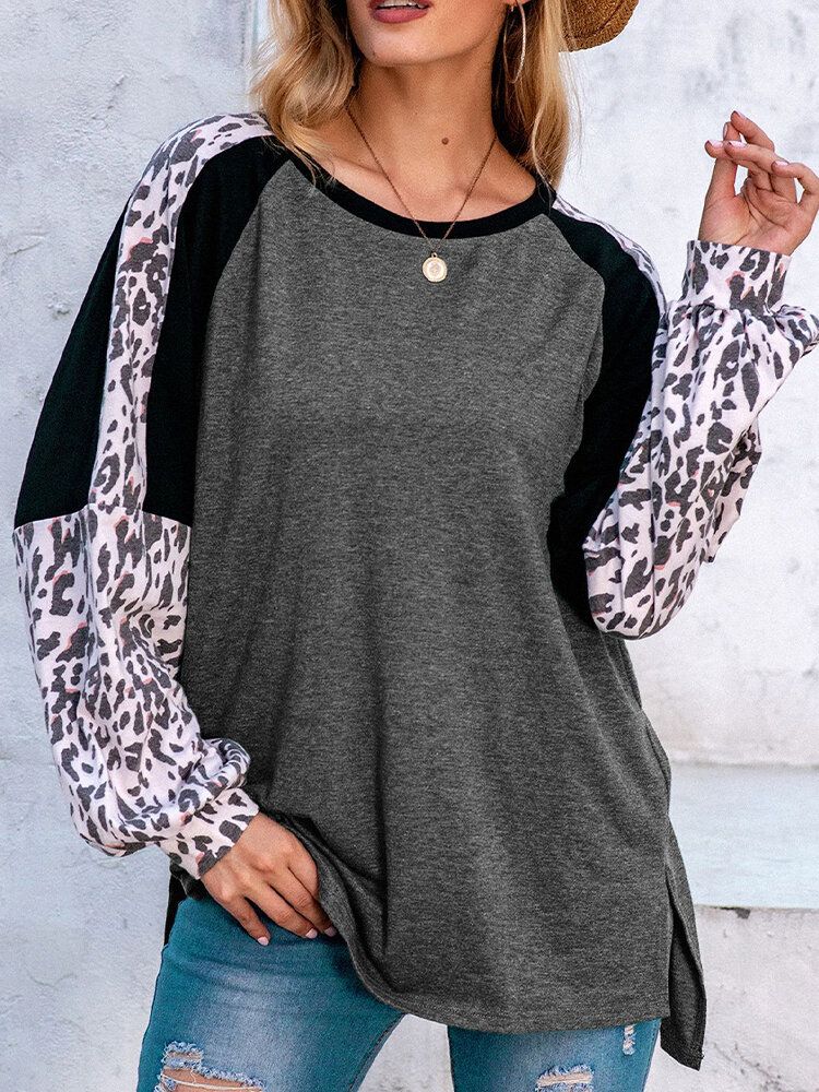 Camiseta Holgada Informal Con Cuello Redondo Y Manga Raglán De Leopardo Para Mujer