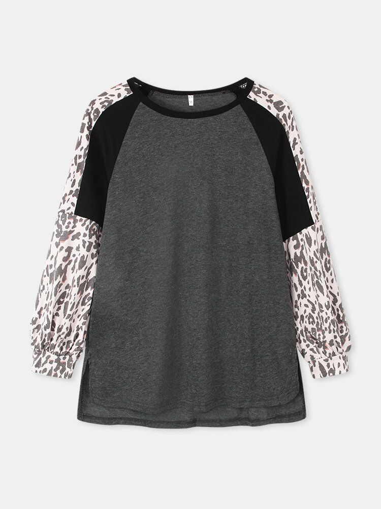 Camiseta Holgada Informal Con Cuello Redondo Y Manga Raglán De Leopardo Para Mujer