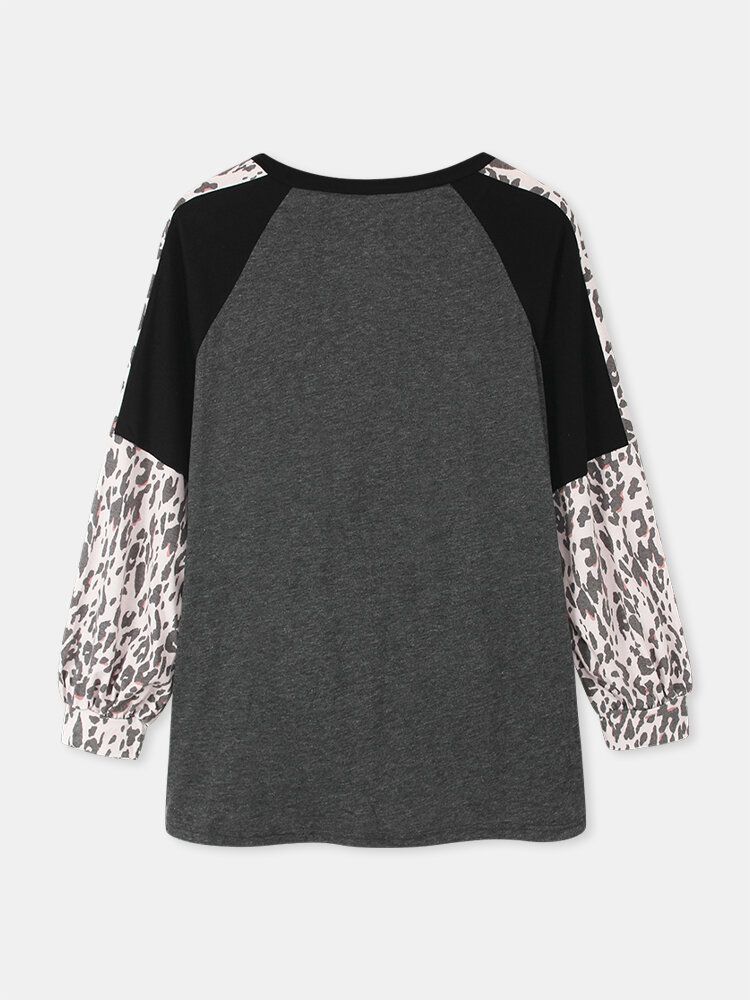 Camiseta Holgada Informal Con Cuello Redondo Y Manga Raglán De Leopardo Para Mujer