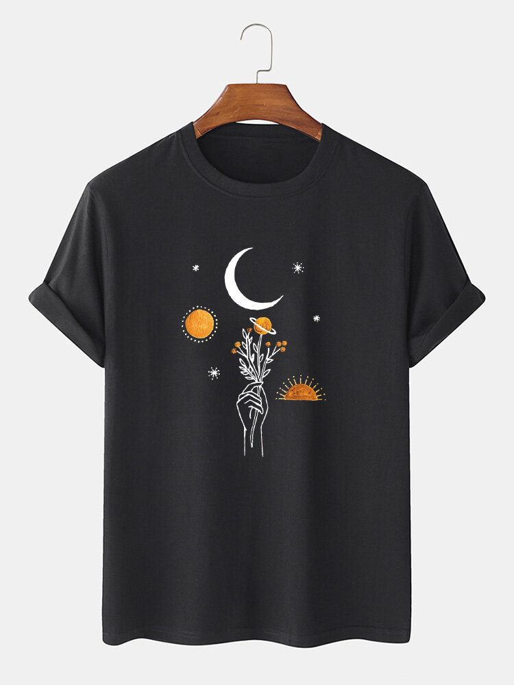 Camiseta Holgada Transpirable Sólida Con Estampado De Flores De Luna 100% Algodón Para Hombre