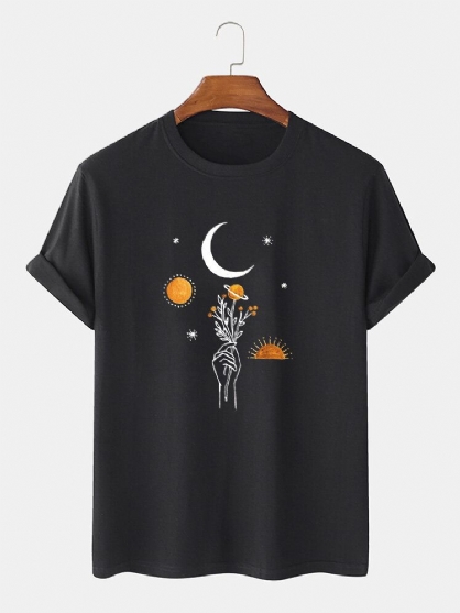 Camiseta Holgada Transpirable Sólida Con Estampado De Flores De Luna 100% Algodón Para Hombre