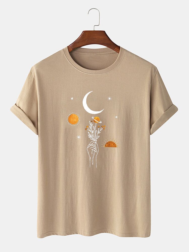 Camiseta Holgada Transpirable Sólida Con Estampado De Flores De Luna 100% Algodón Para Hombre