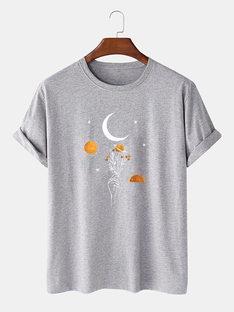 Camiseta Holgada Transpirable Sólida Con Estampado De Flores De Luna 100% Algodón Para Hombre