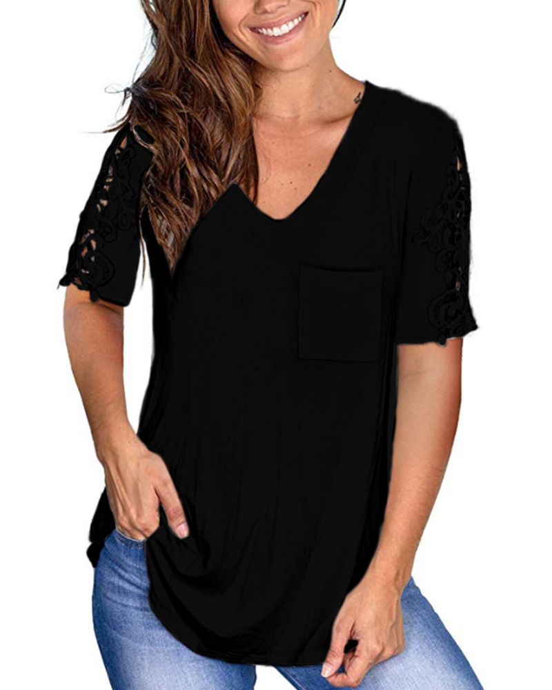 Camiseta Informal Con Dobladillo Irregular De Manga Corta Con Cuello En V Y Encaje De Retazos