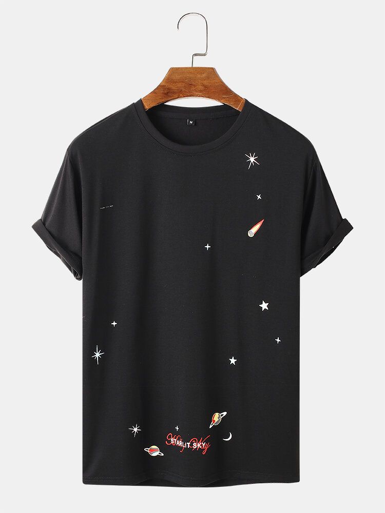 Camiseta De Manga Corta 100% Algodón Con Cuello Redondo Y Estampado Espacial Para Hombre