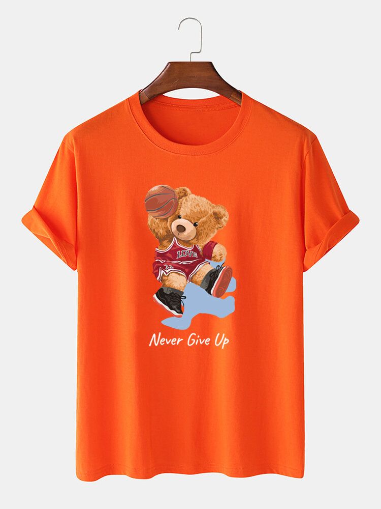 Camiseta De Manga Corta Casual De Algodón Con Estampado De Oso De Baloncesto De Dibujos Animados Para Hombre