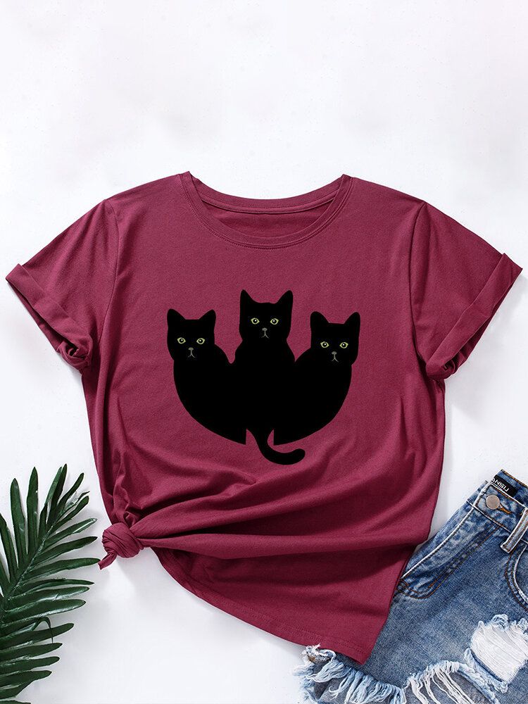 Camiseta De Manga Corta Casual Multicolor Con Estampado De Gatos Negros Para Mujer