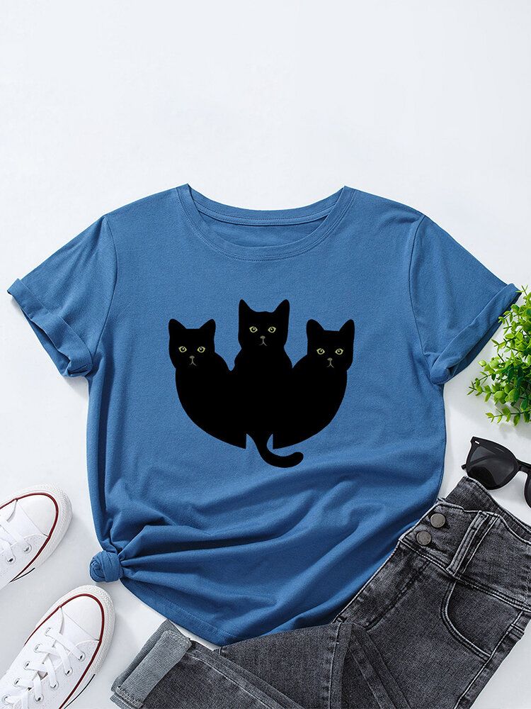 Camiseta De Manga Corta Casual Multicolor Con Estampado De Gatos Negros Para Mujer