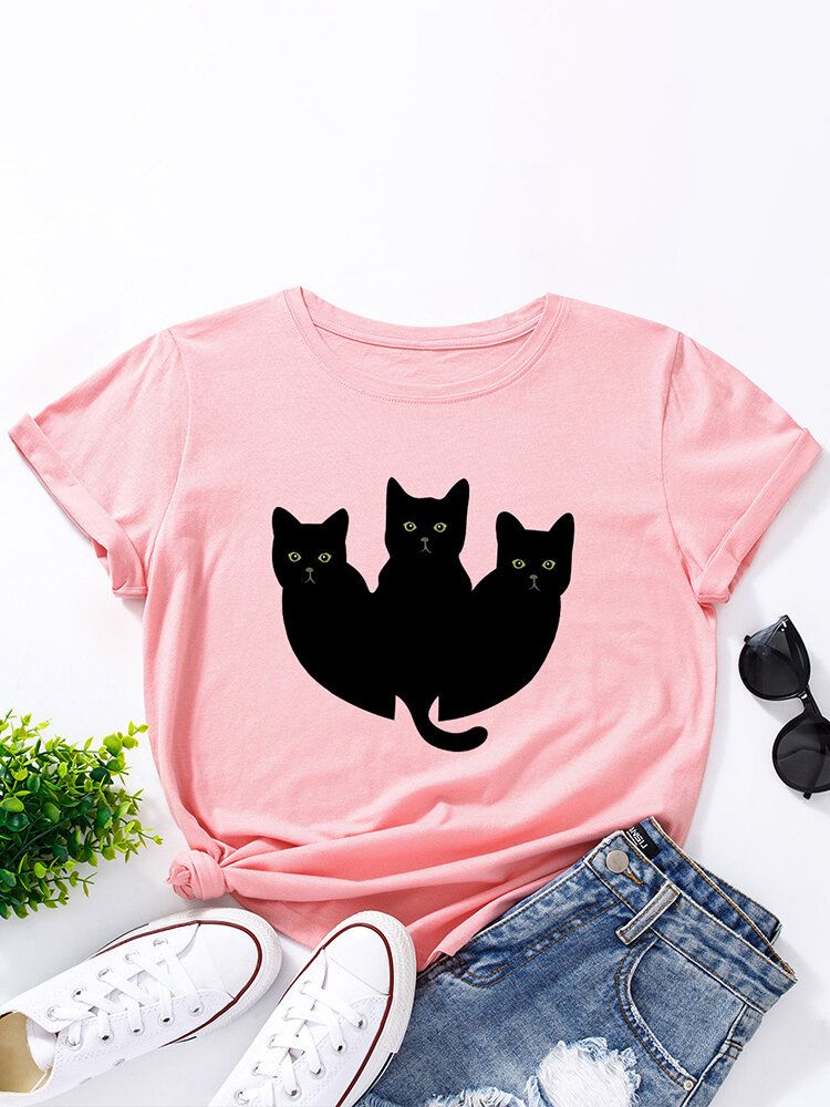 Camiseta De Manga Corta Casual Multicolor Con Estampado De Gatos Negros Para Mujer