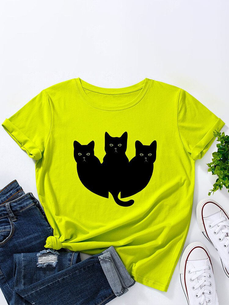 Camiseta De Manga Corta Casual Multicolor Con Estampado De Gatos Negros Para Mujer