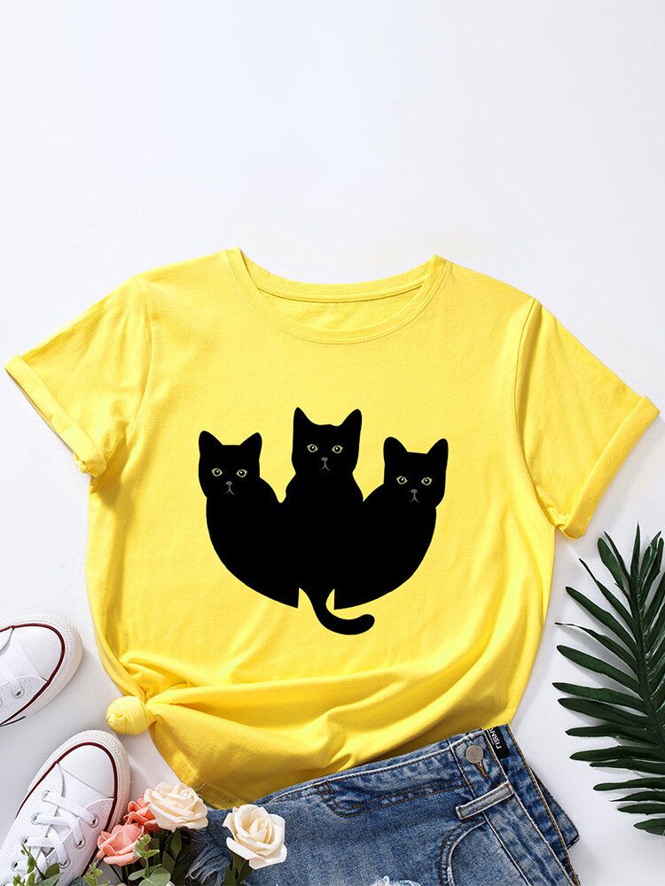 Camiseta De Manga Corta Casual Multicolor Con Estampado De Gatos Negros Para Mujer