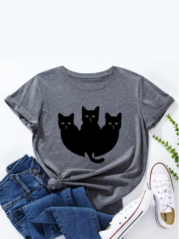 Camiseta De Manga Corta Casual Multicolor Con Estampado De Gatos Negros Para Mujer