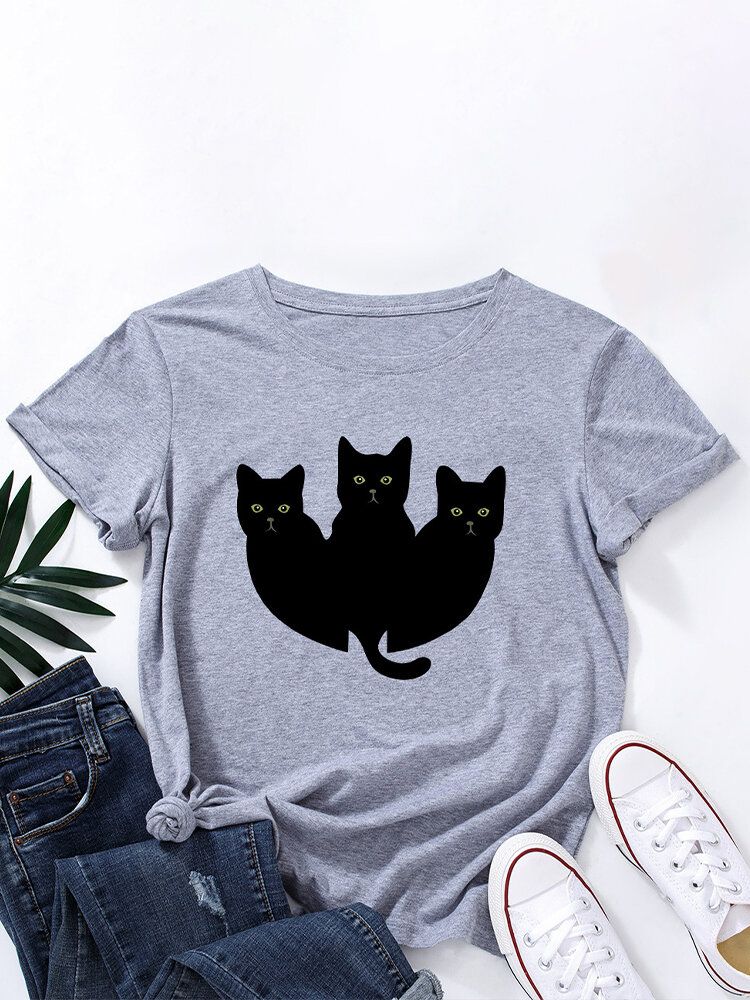 Camiseta De Manga Corta Casual Multicolor Con Estampado De Gatos Negros Para Mujer