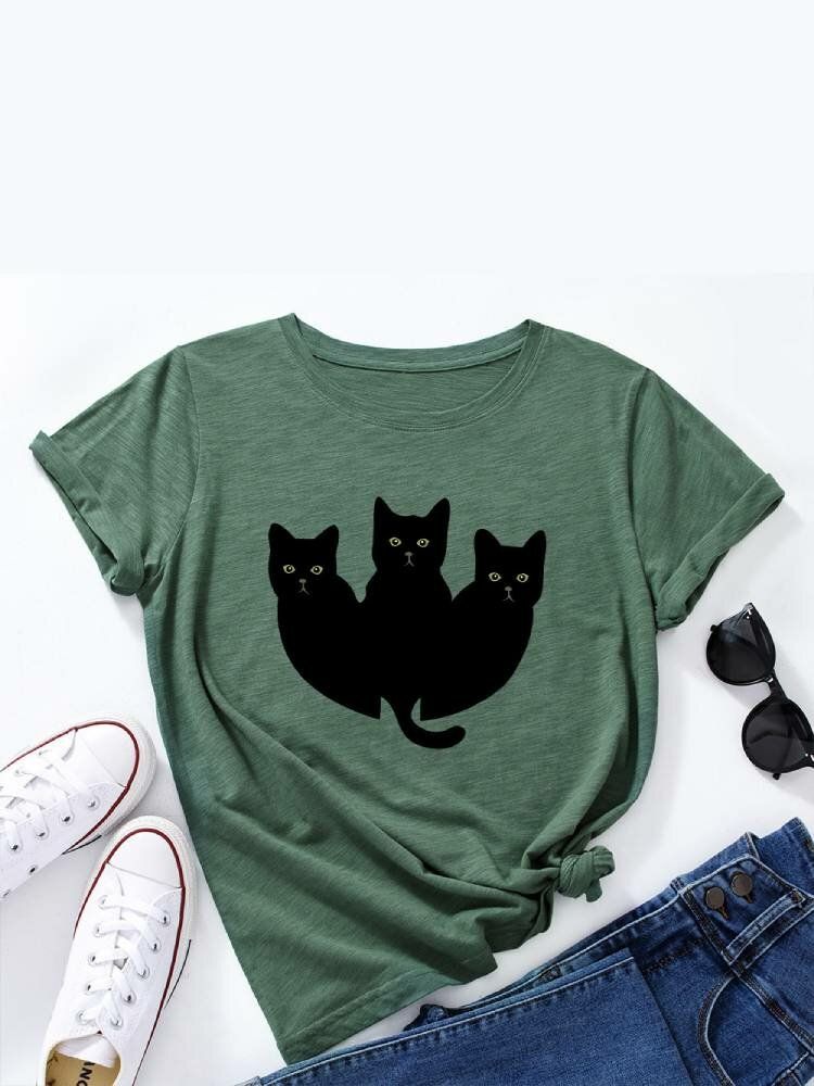 Camiseta De Manga Corta Casual Multicolor Con Estampado De Gatos Negros Para Mujer