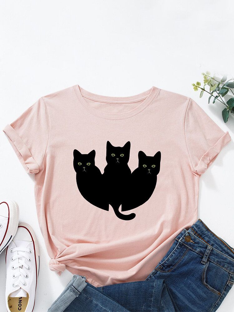 Camiseta De Manga Corta Casual Multicolor Con Estampado De Gatos Negros Para Mujer