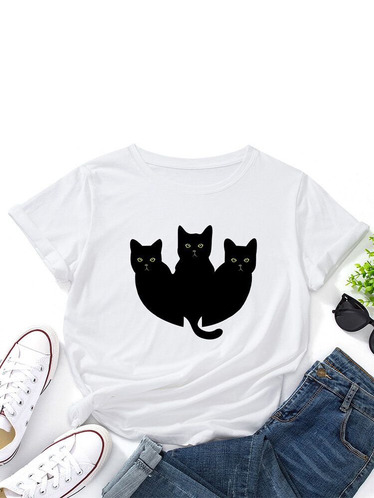 Camiseta De Manga Corta Casual Multicolor Con Estampado De Gatos Negros Para Mujer