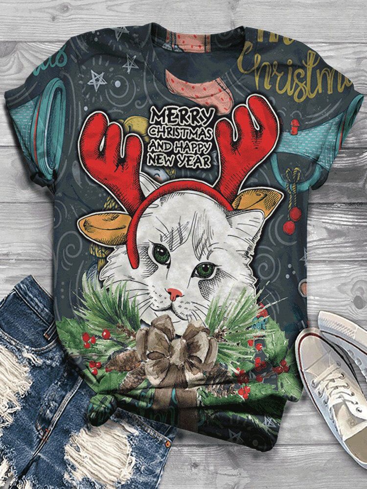 Camiseta De Manga Corta Con Cuello Redondo Y Estampado De Animales De Dibujos Animados Navideños Para Mujer