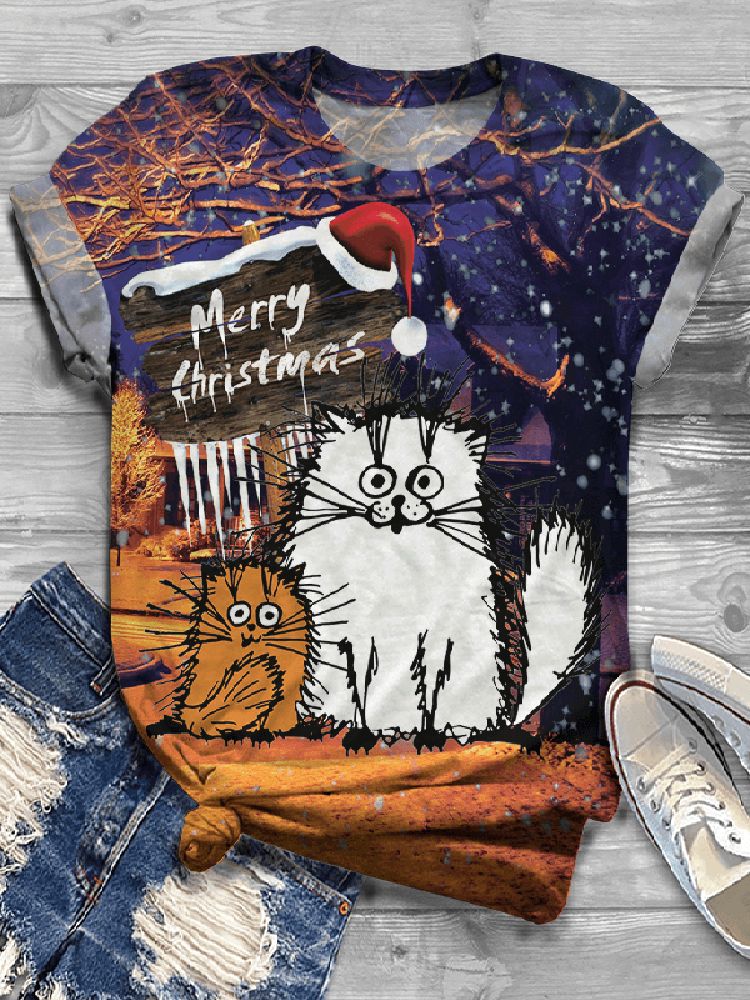 Camiseta De Manga Corta Con Cuello Redondo Y Estampado De Animales De Dibujos Animados Navideños Para Mujer