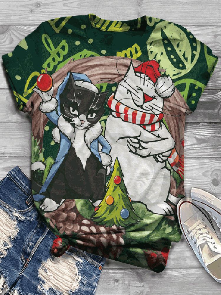 Camiseta De Manga Corta Con Cuello Redondo Y Estampado De Animales De Dibujos Animados Navideños Para Mujer