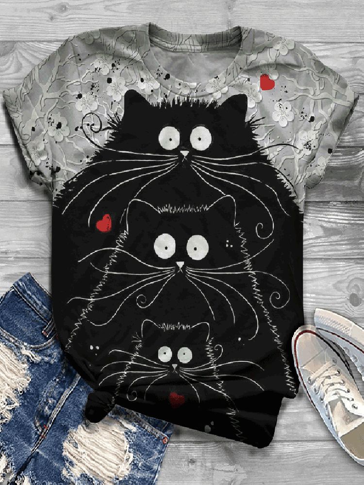 Camiseta De Manga Corta Con Cuello Redondo Y Estampado De Animales De Dibujos Animados Navideños Para Mujer