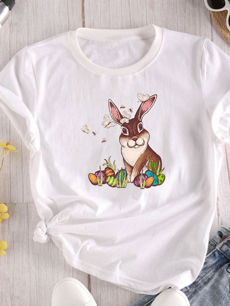 Camiseta De Manga Corta Con Cuello Redondo Y Estampado De Conejo De Pascua Para Mujer