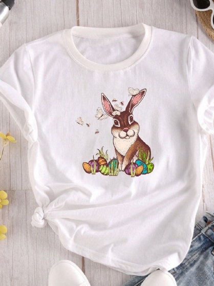 Camiseta De Manga Corta Con Cuello Redondo Y Estampado De Conejo De Pascua Para Mujer