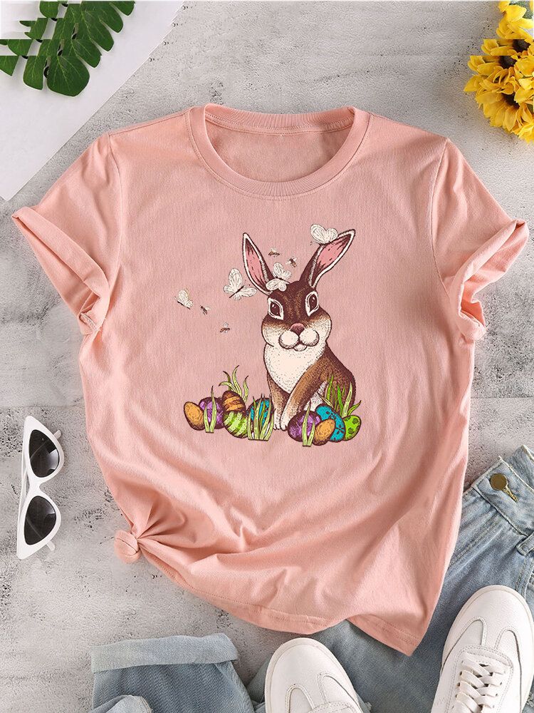 Camiseta De Manga Corta Con Cuello Redondo Y Estampado De Conejo De Pascua Para Mujer