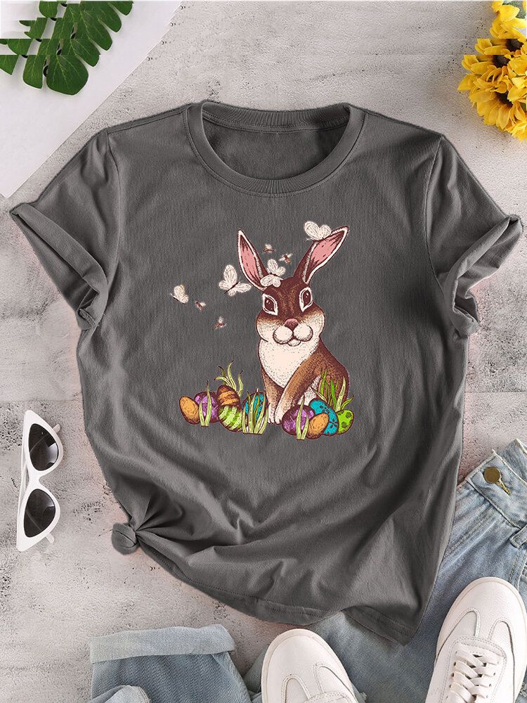 Camiseta De Manga Corta Con Cuello Redondo Y Estampado De Conejo De Pascua Para Mujer