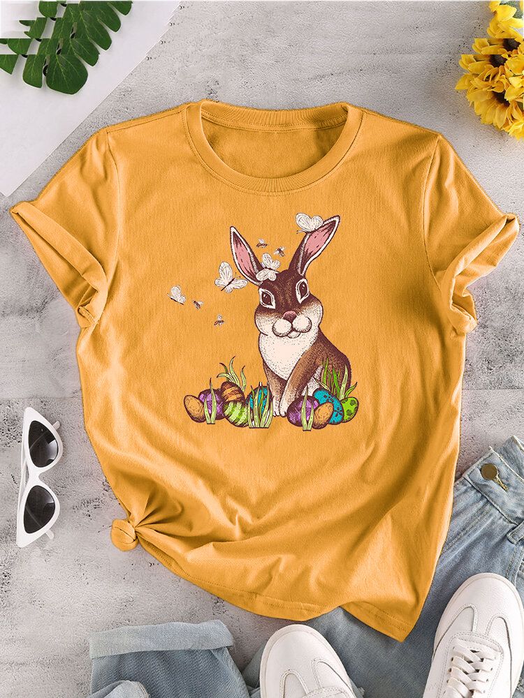 Camiseta De Manga Corta Con Cuello Redondo Y Estampado De Conejo De Pascua Para Mujer