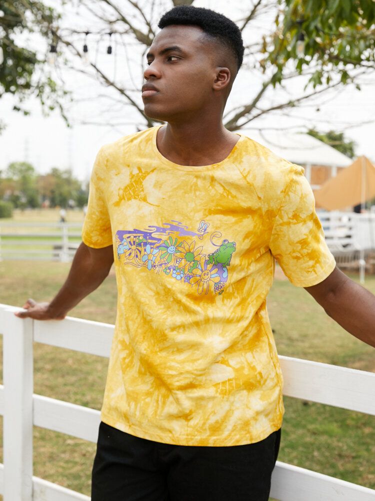 Camiseta De Manga Corta Con Cuello Redondo Y Estampado De Dibujos Animados De Rana Y Flores Para Hombre