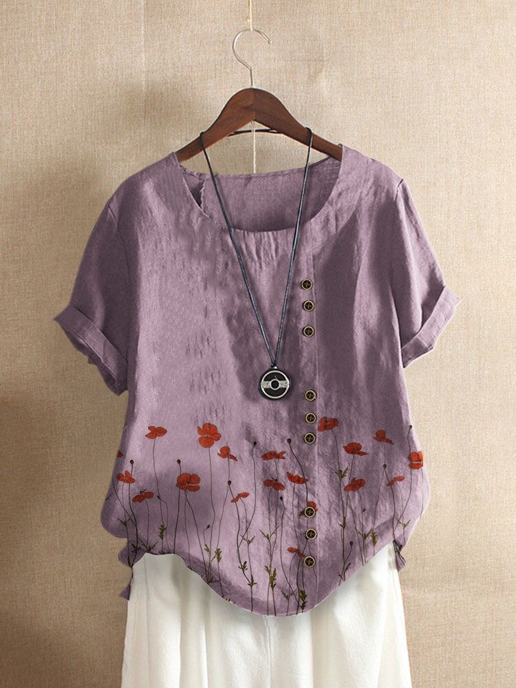 Camiseta De Manga Corta Con Cuello Redondo Y Estampado Floral Vintage Para Mujer