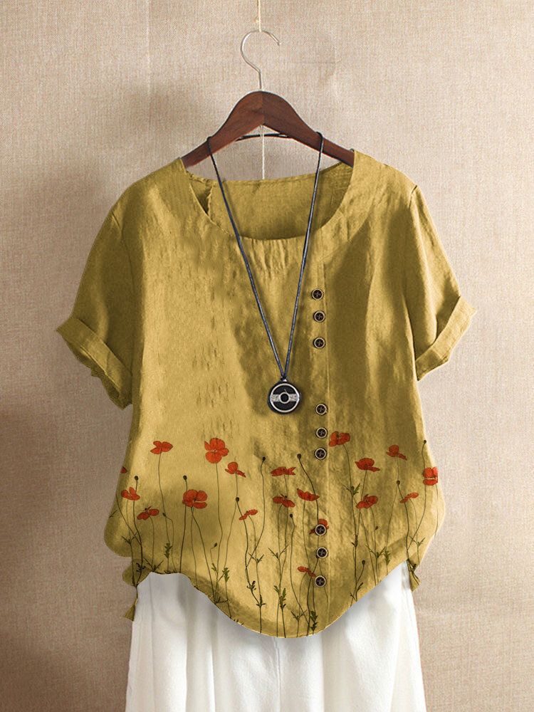 Camiseta De Manga Corta Con Cuello Redondo Y Estampado Floral Vintage Para Mujer