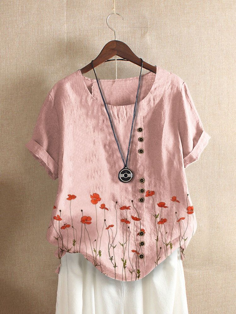 Camiseta De Manga Corta Con Cuello Redondo Y Estampado Floral Vintage Para Mujer