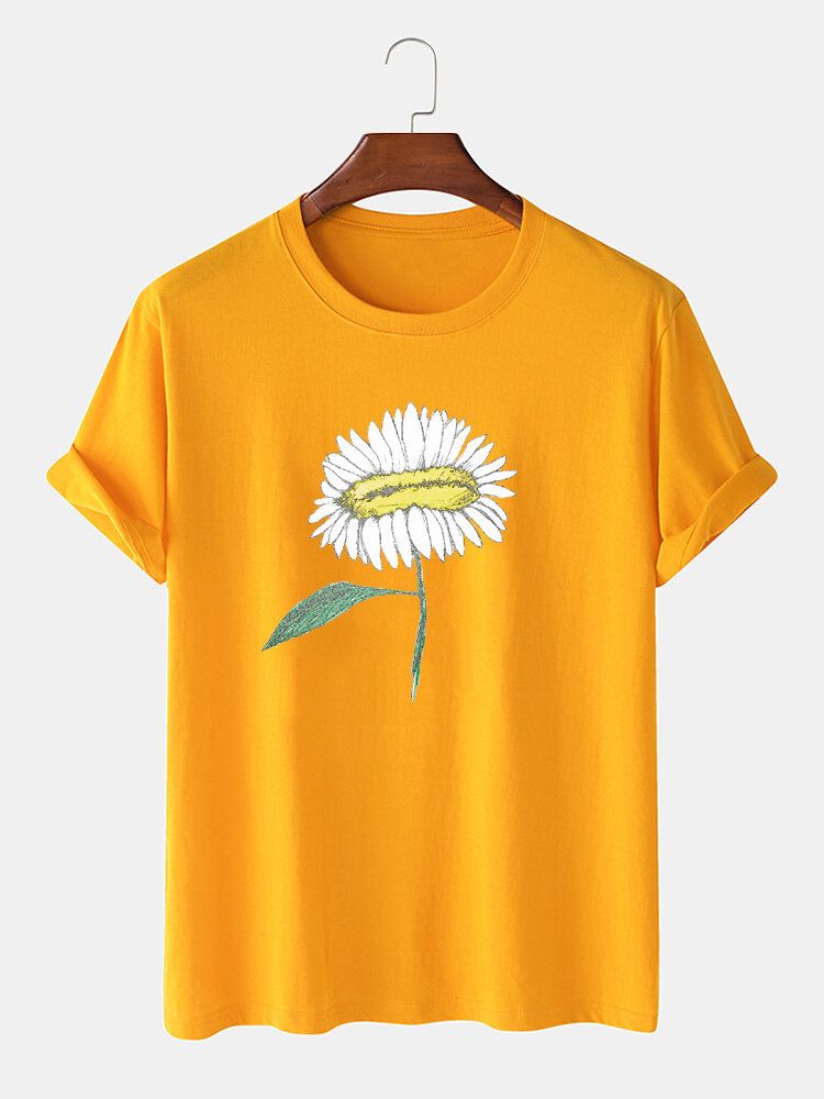 Camiseta De Manga Corta Con Cuello Redondo Y Estampado De Flores Pintado A Mano Para Hombre 100%