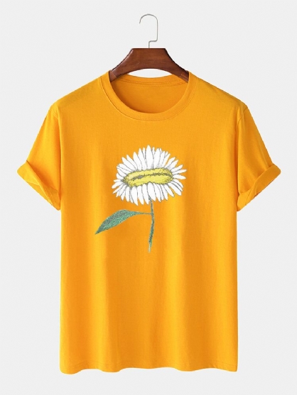 Camiseta De Manga Corta Con Cuello Redondo Y Estampado De Flores Pintado A Mano Para Hombre 100%