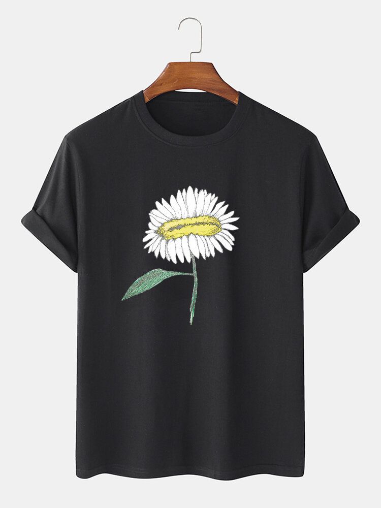 Camiseta De Manga Corta Con Cuello Redondo Y Estampado De Flores Pintado A Mano Para Hombre 100%