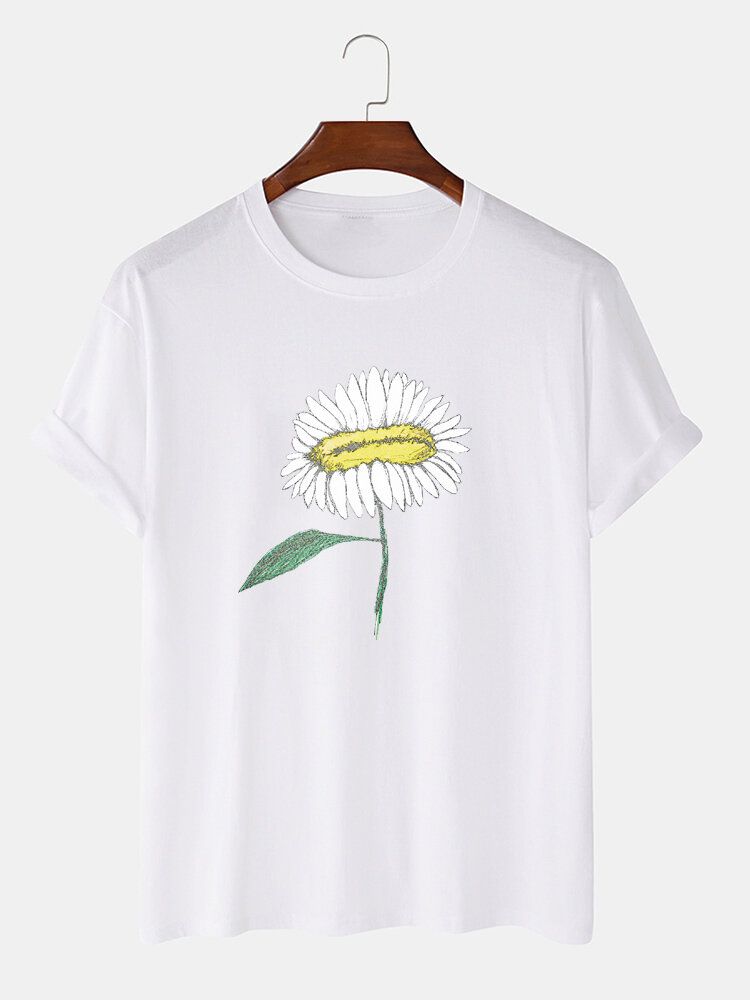 Camiseta De Manga Corta Con Cuello Redondo Y Estampado De Flores Pintado A Mano Para Hombre 100%