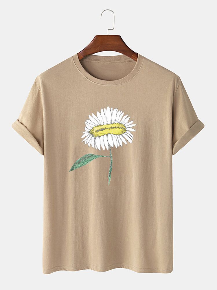 Camiseta De Manga Corta Con Cuello Redondo Y Estampado De Flores Pintado A Mano Para Hombre 100%