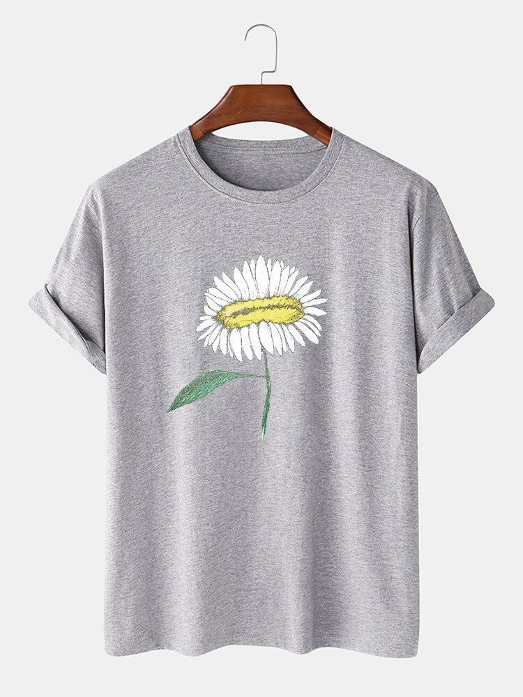 Camiseta De Manga Corta Con Cuello Redondo Y Estampado De Flores Pintado A Mano Para Hombre 100%