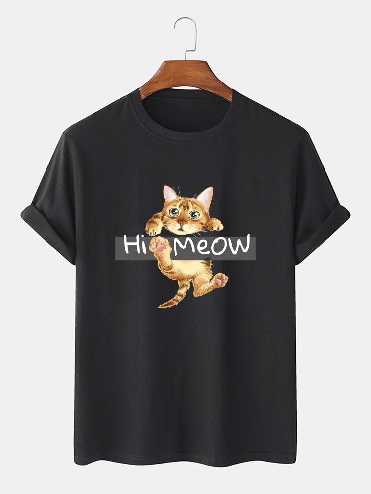 Camiseta De Manga Corta Con Cuello Redondo Y Estampado De Gato De Dibujos Animados De Hola Miau Para Hombre