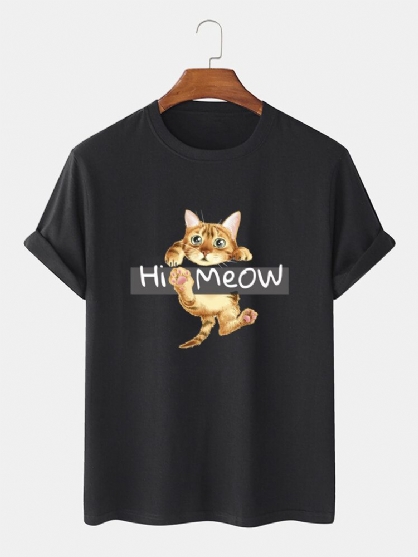 Camiseta De Manga Corta Con Cuello Redondo Y Estampado De Gato De Dibujos Animados De Hola Miau Para Hombre