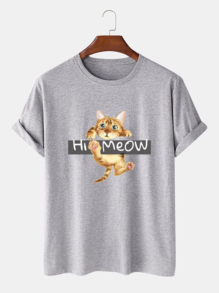 Camiseta De Manga Corta Con Cuello Redondo Y Estampado De Gato De Dibujos Animados De Hola Miau Para Hombre