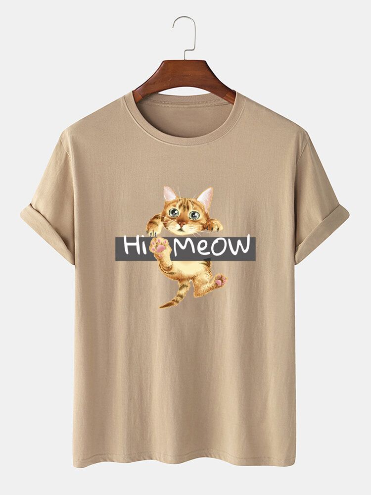 Camiseta De Manga Corta Con Cuello Redondo Y Estampado De Gato De Dibujos Animados De Hola Miau Para Hombre