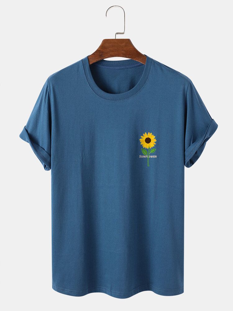 Camiseta De Manga Corta Con Cuello Redondo Y Estampado De Girasol Para Hombre