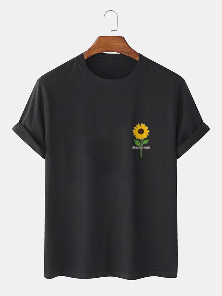 Camiseta De Manga Corta Con Cuello Redondo Y Estampado De Girasol Para Hombre