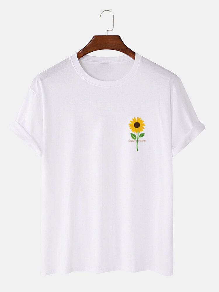 Camiseta De Manga Corta Con Cuello Redondo Y Estampado De Girasol Para Hombre