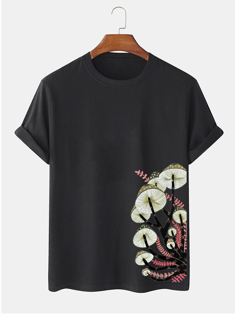 Camiseta De Manga Corta Con Cuello Redondo Y Estampado Lateral De Hongos 100% Algodón Para Hombre