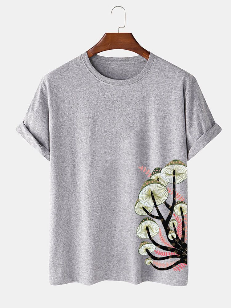 Camiseta De Manga Corta Con Cuello Redondo Y Estampado Lateral De Hongos 100% Algodón Para Hombre