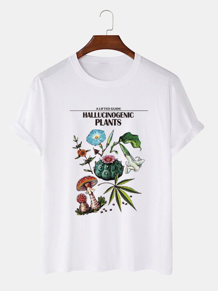 Camiseta De Manga Corta Con Cuello Redondo Y Estampado De Plantas Para Hombre 100% Algodón